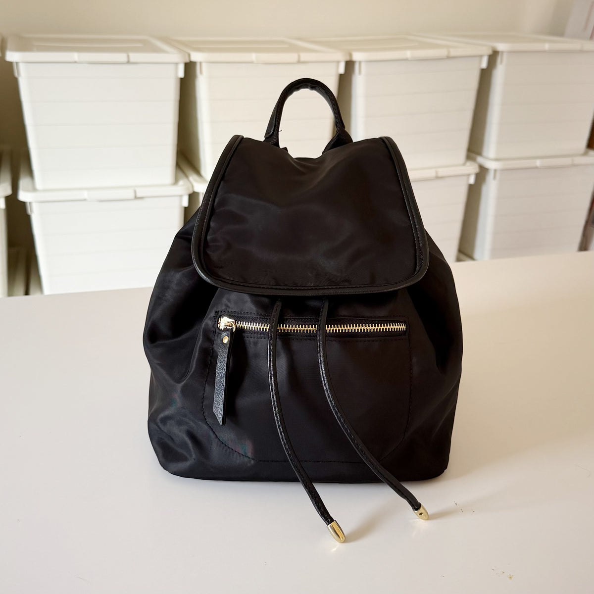 Nylon Faux Leather Trim Drawcord Mini Bucket Backpack Black