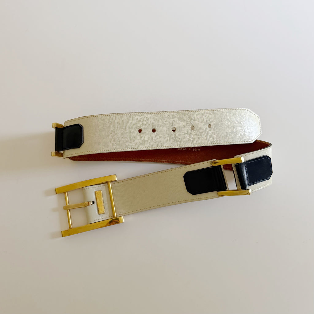 Saks Fifth Avenue Vintage 80s Leather Gold Buckle Waist Belt White/Black Size S