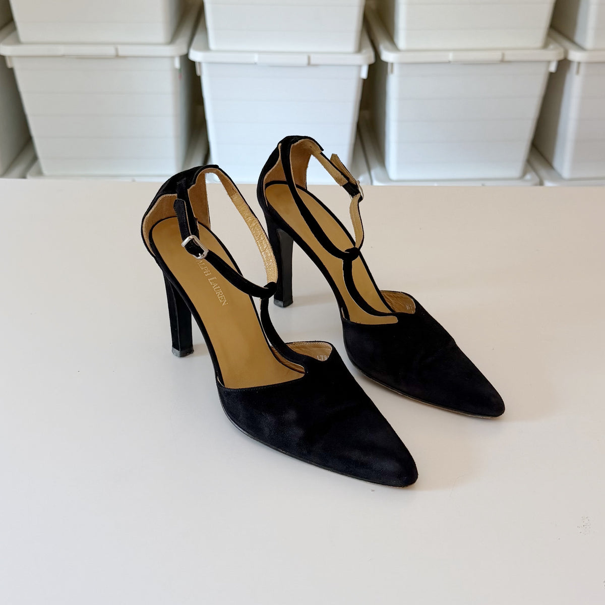 Ralph Lauren Suede Pointed Toe T-Strap Heels Black Size 7