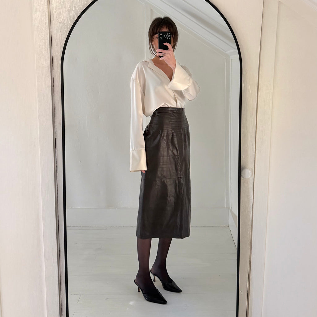 Lela Leather Vintage 80s Midi Pencil Skirt Size 11/12 Brown