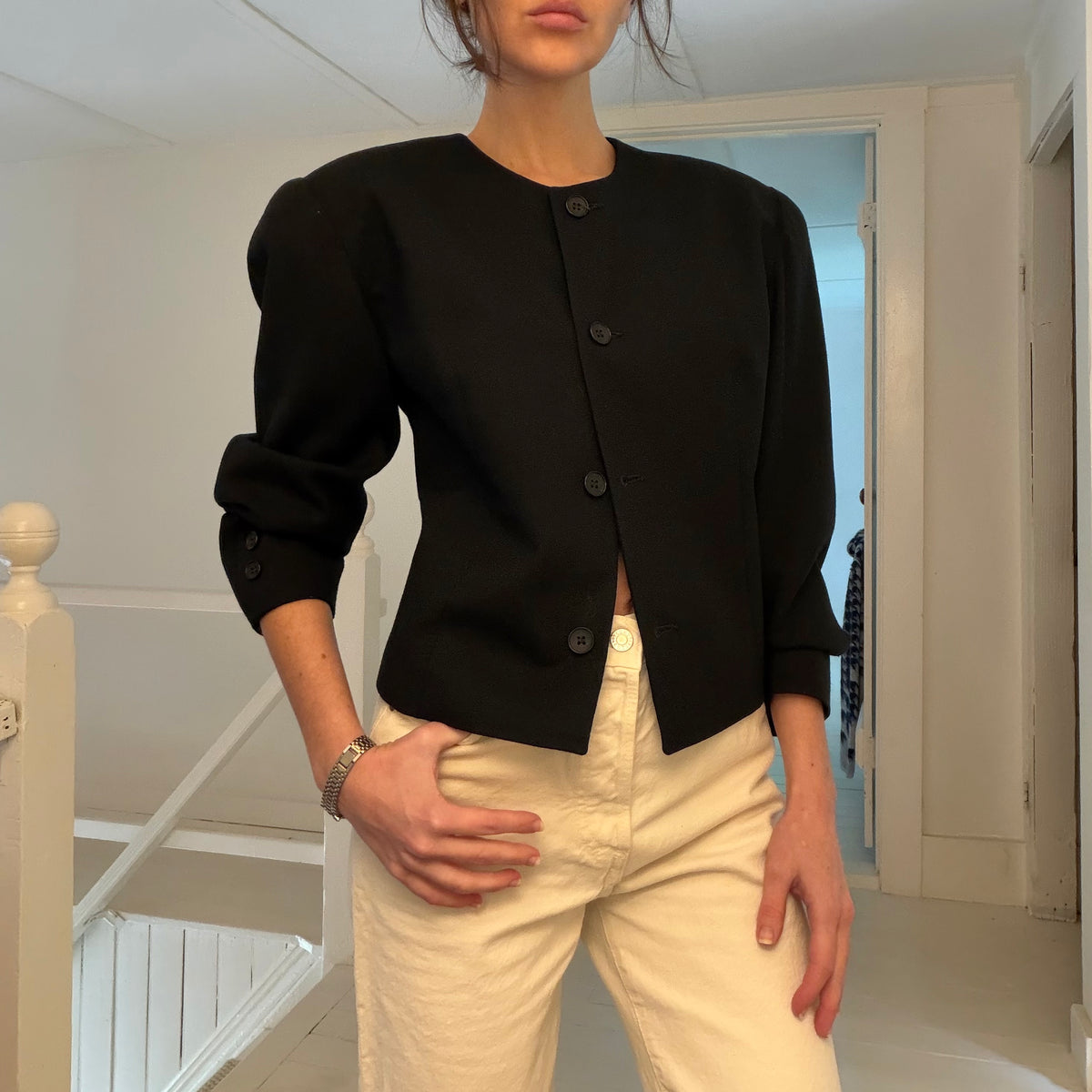 E.R. Gerard For Renlyn Vintage 90s Wool Collarless Blazer Jacket Black Size 6