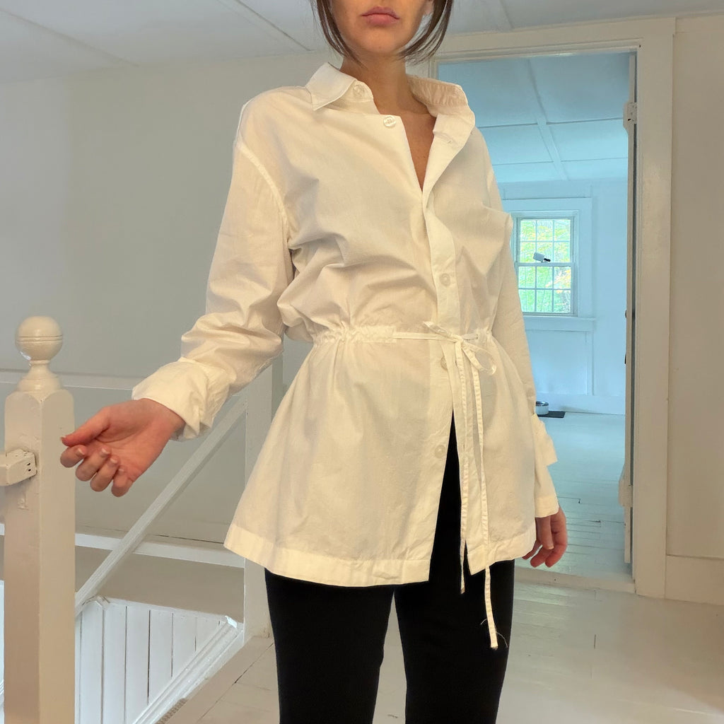 Emanuel Ungaro Poplin Drawstring Waist Button Down Shirt White Size S