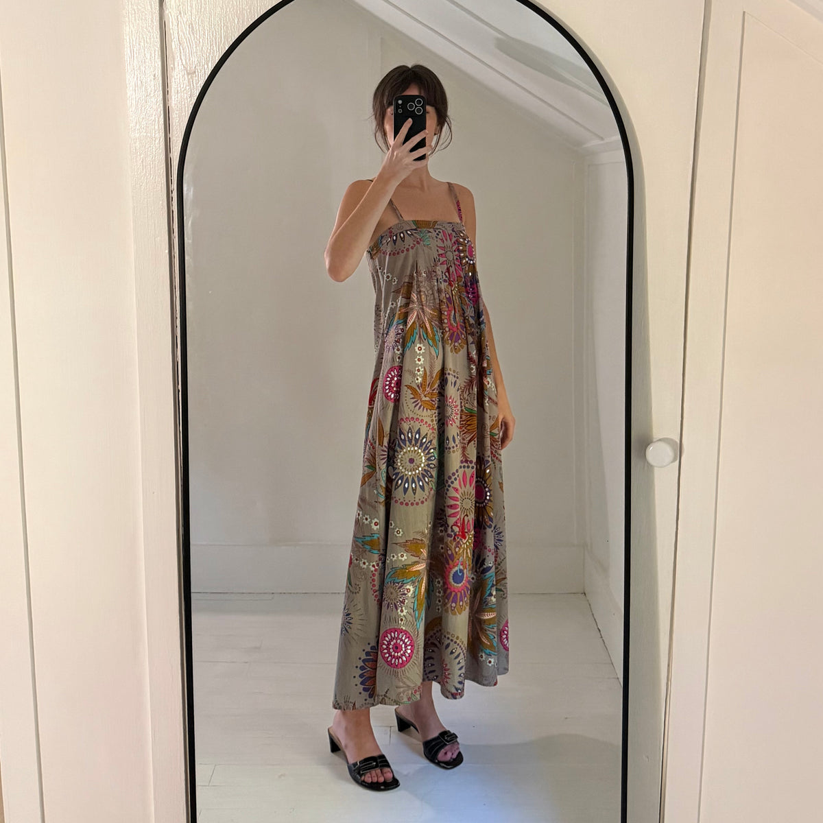 Antik Batik Vintage Y2K Rhinestone Embellished Floral Midi Dress Grey Size M