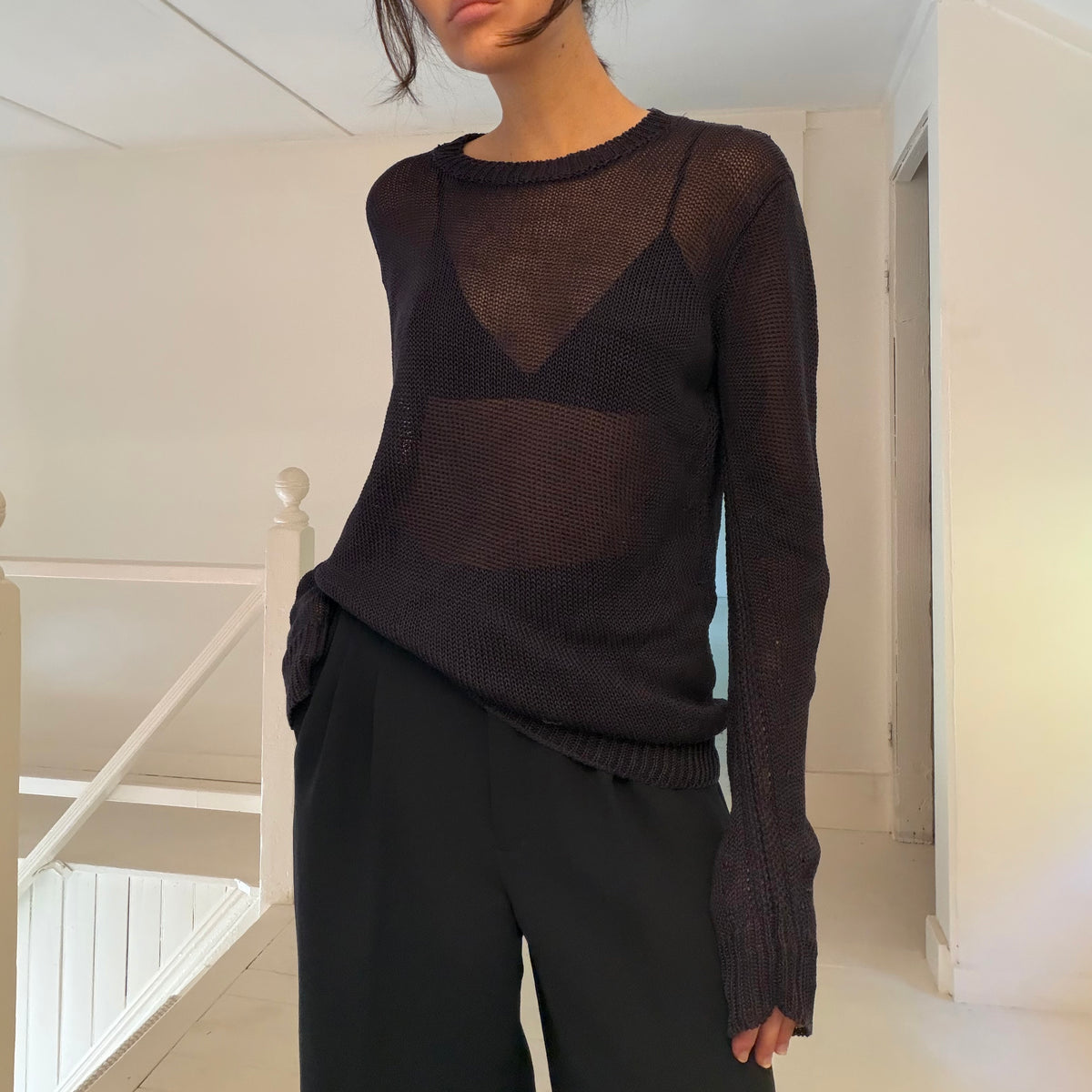 Golden Goose Silk Linen Sheer Open Knit Bias Cut Crewneck Sweater Navy