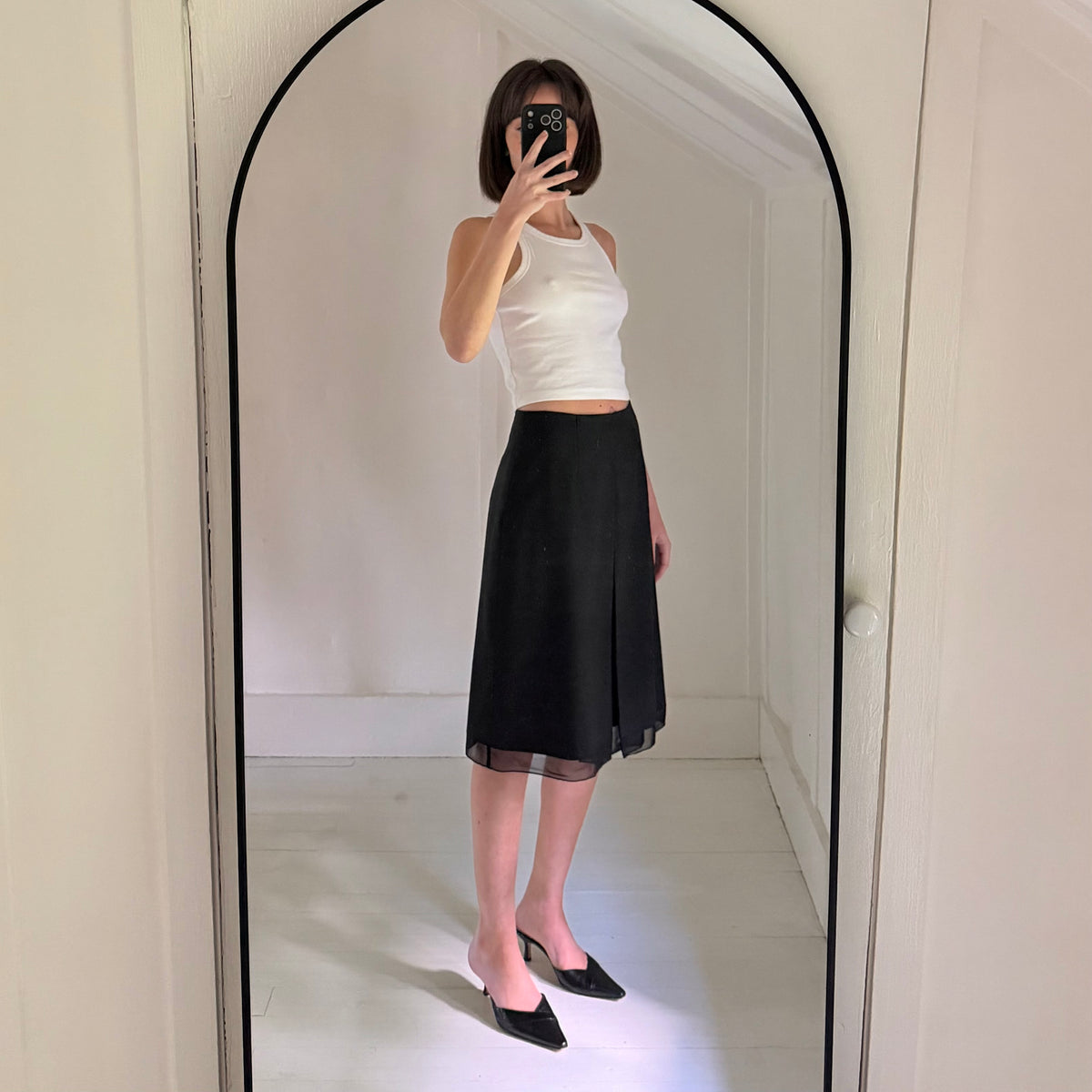 Saks Fifth Avenue Vintage Y2K Wool Sheer Mesh Trim Midi Skirt Size 6