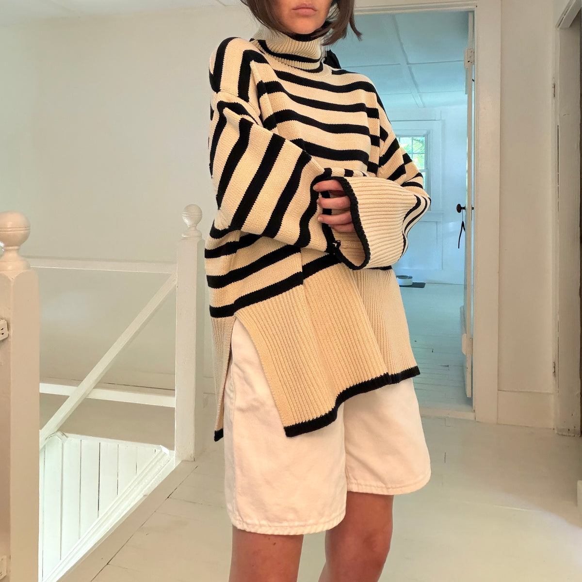 Toteme Signature Stripe Wool Turtleneck Sweater in Light Sand Size M