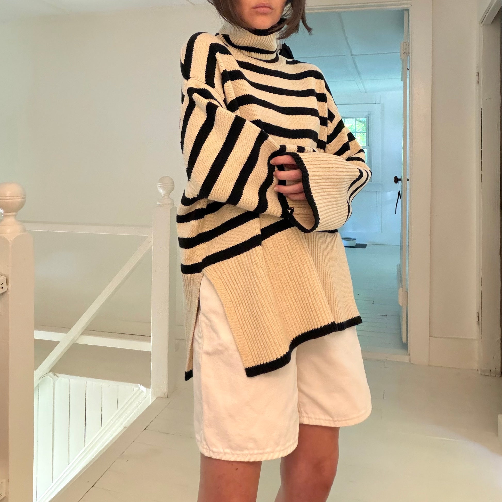 Toteme Signature Stripe Wool Turtleneck Sweater in Light Sand Size M