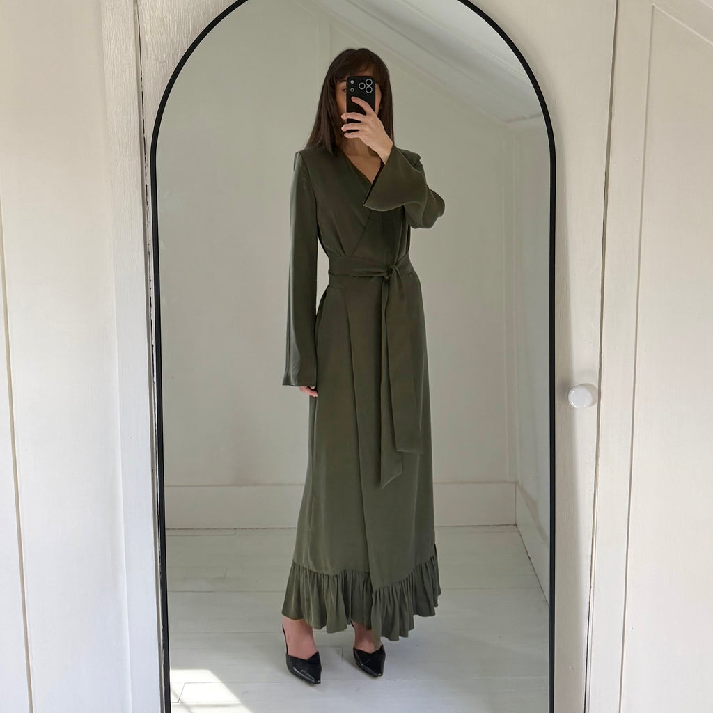 Omid by Hadar The Leah Satin Maxi Wrap Dress in Olive Green Size XS