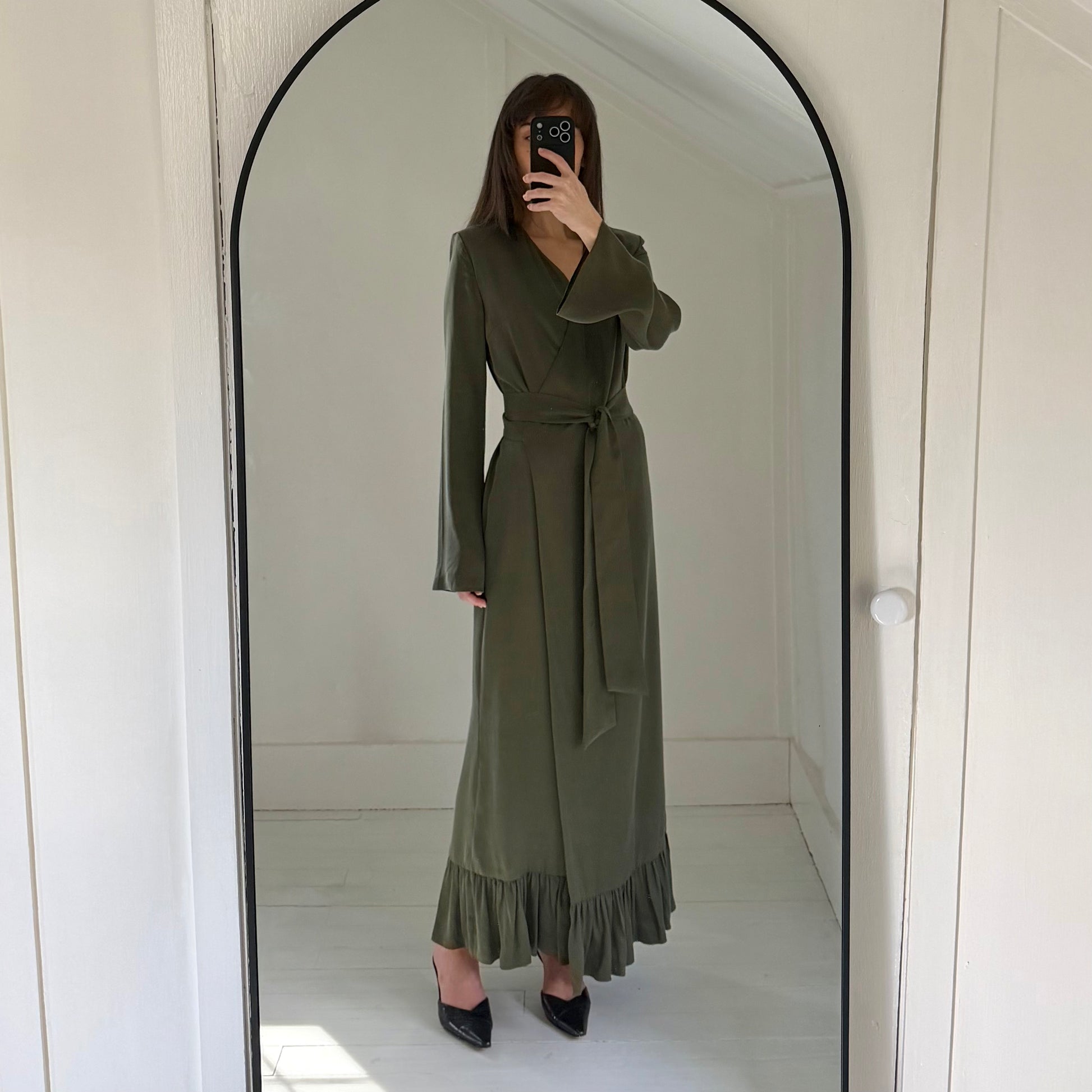 Omid by Hadar The Leah Satin Maxi Wrap Dress in Olive Green Size XS