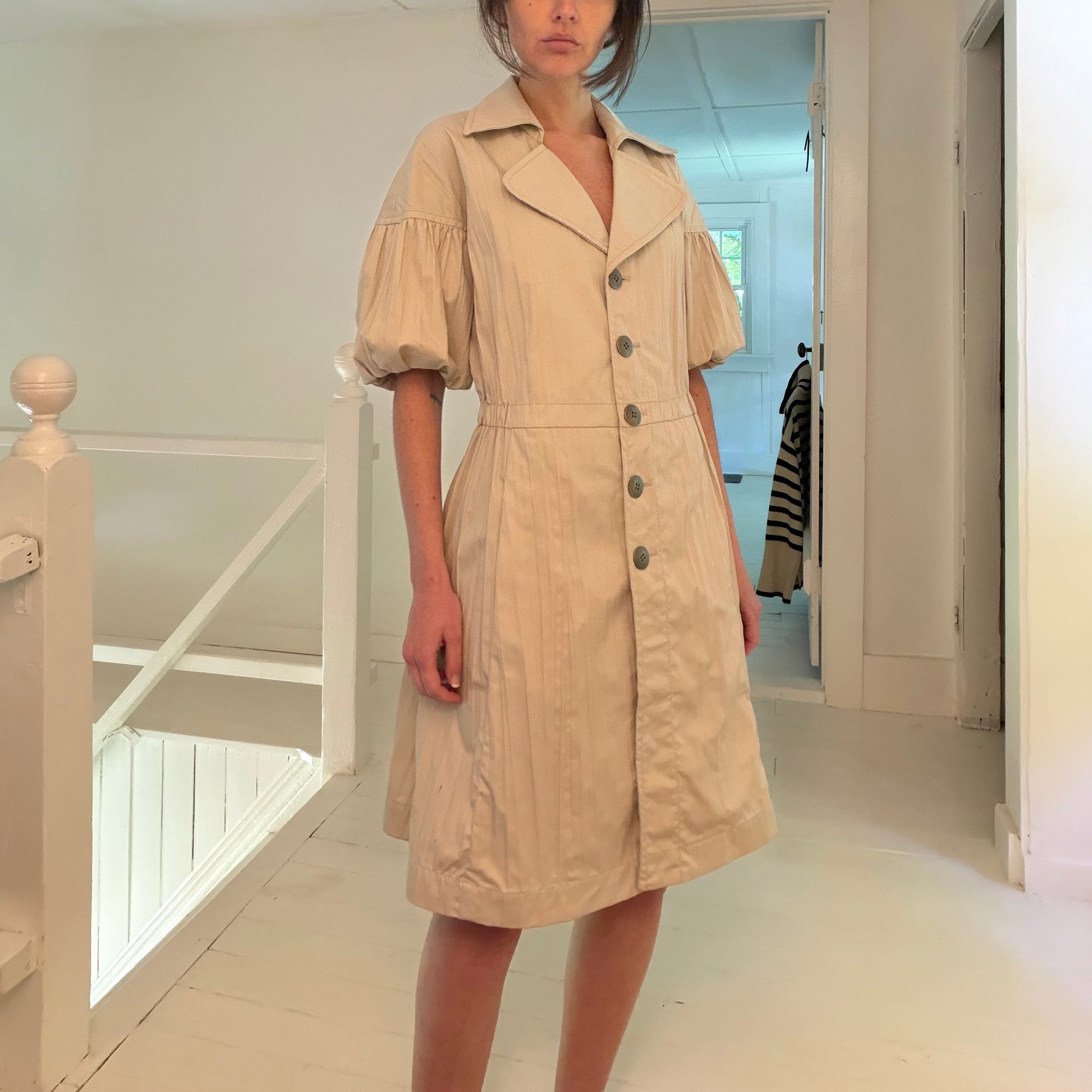 Worth Pleated Puff Sleeve Button Front A-Line Shirt Dress Size P