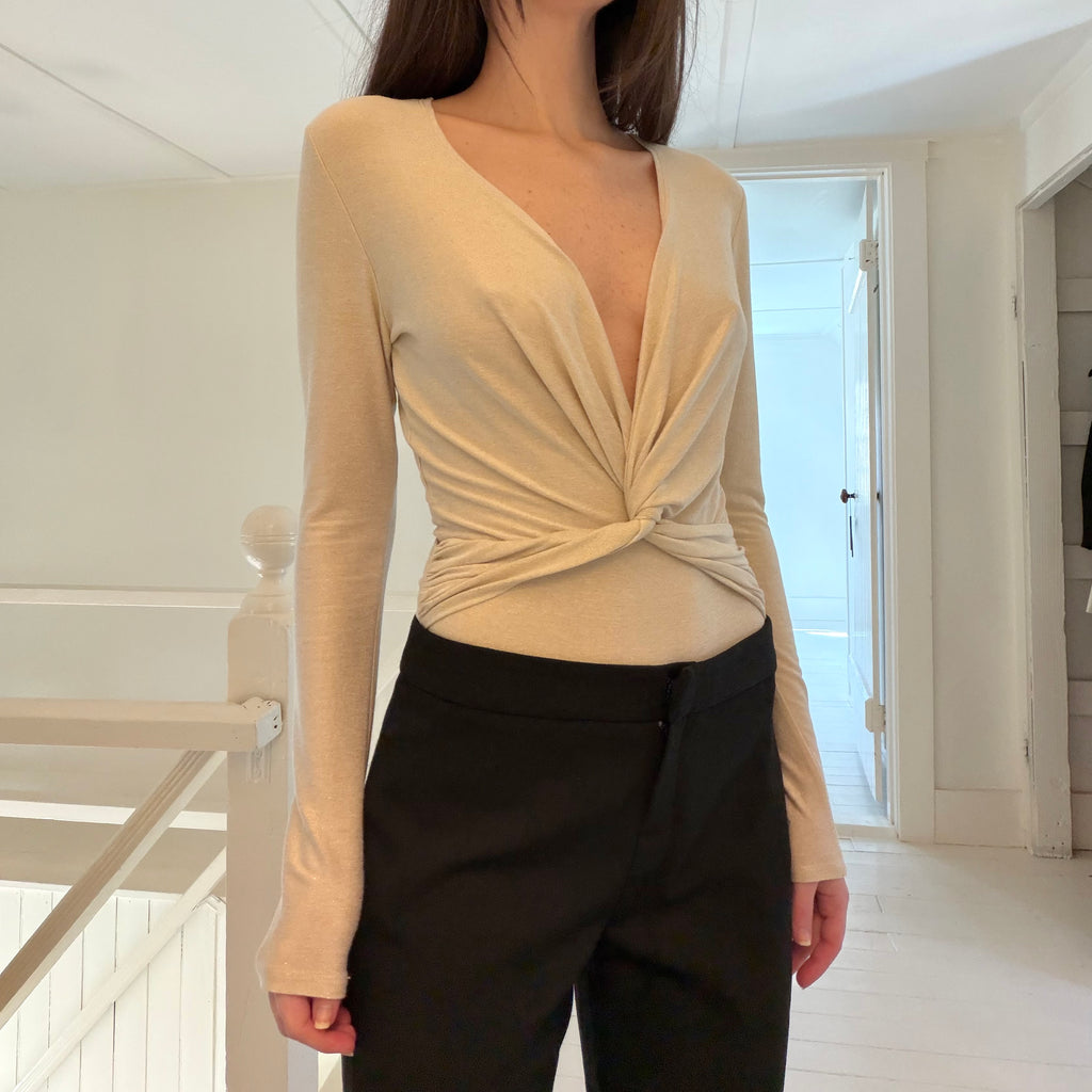 Only Hearts NYC Metallic Long Sleeve Plunge Neck Twist Bodysuit Size S