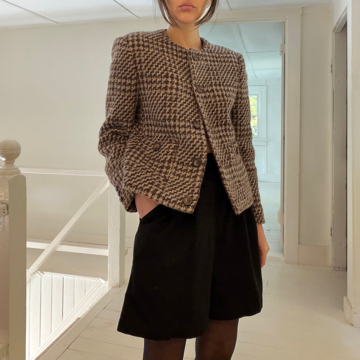 Herbert Grossman Vintage 90s Wool Houndstooth Collarless Blazer Jacket Size 8