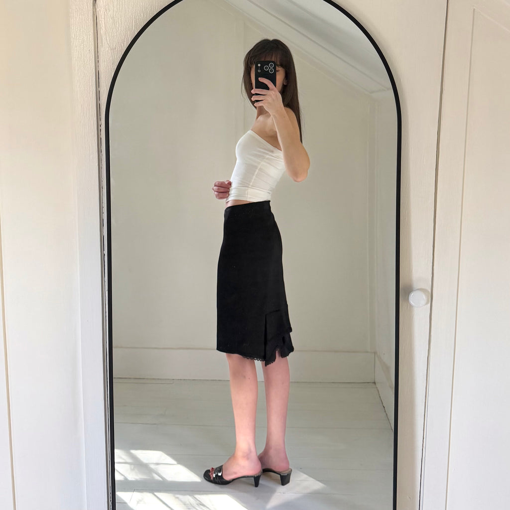 Bebe Vintage Y2K Lace Trim Kick Pleat Pencil Skirt in Black Size 8