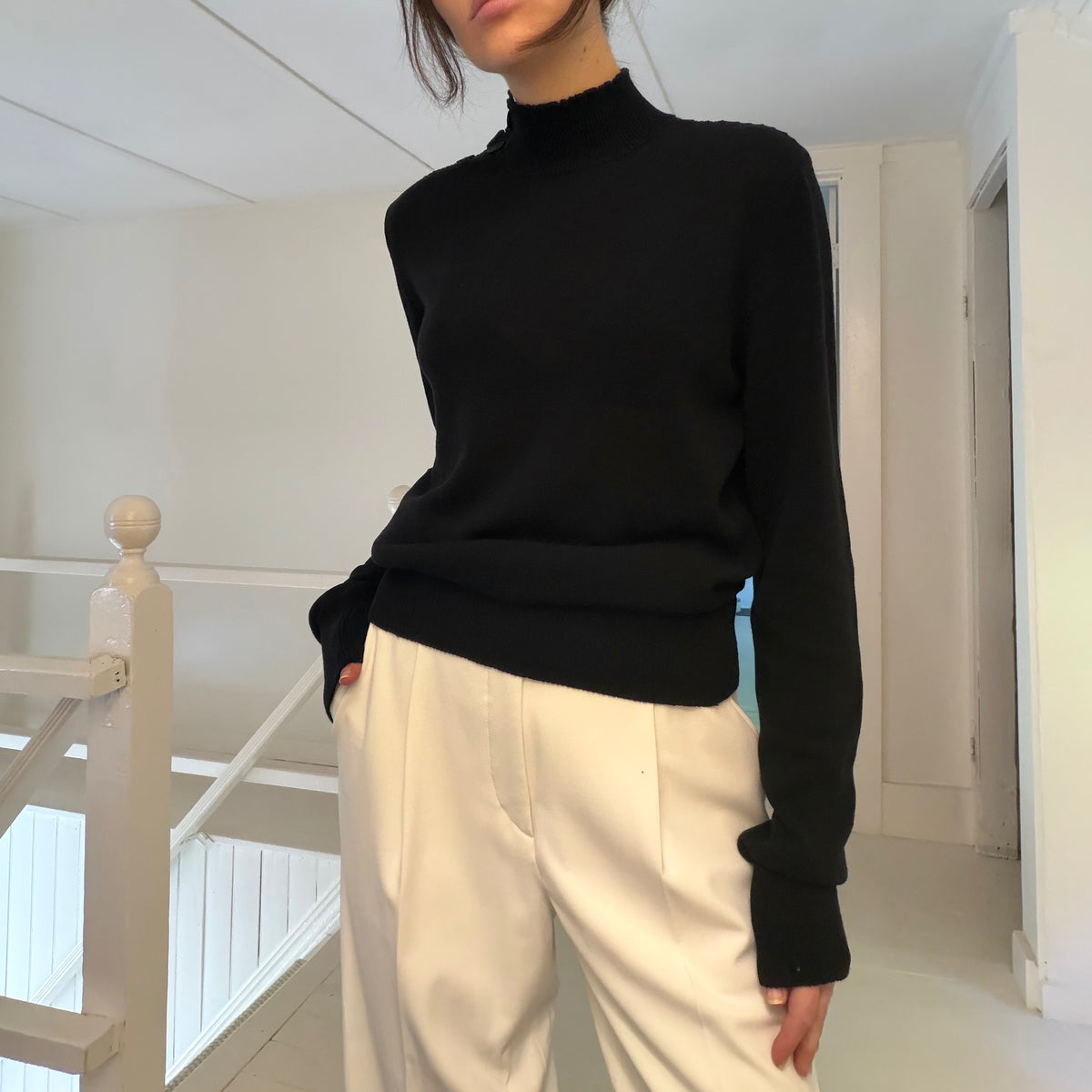 Tomas Maier Cotton Knit Buttoned Shoulder Turtleneck Sweater Black Size S