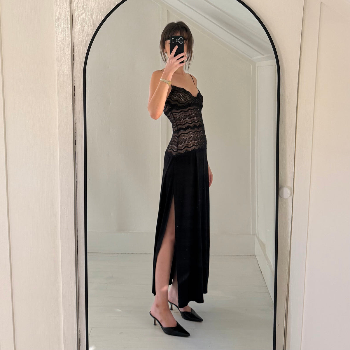 Cosabella Ceylon Lace Bodice Drop Waist Maxi Slip Dress in Black Size S