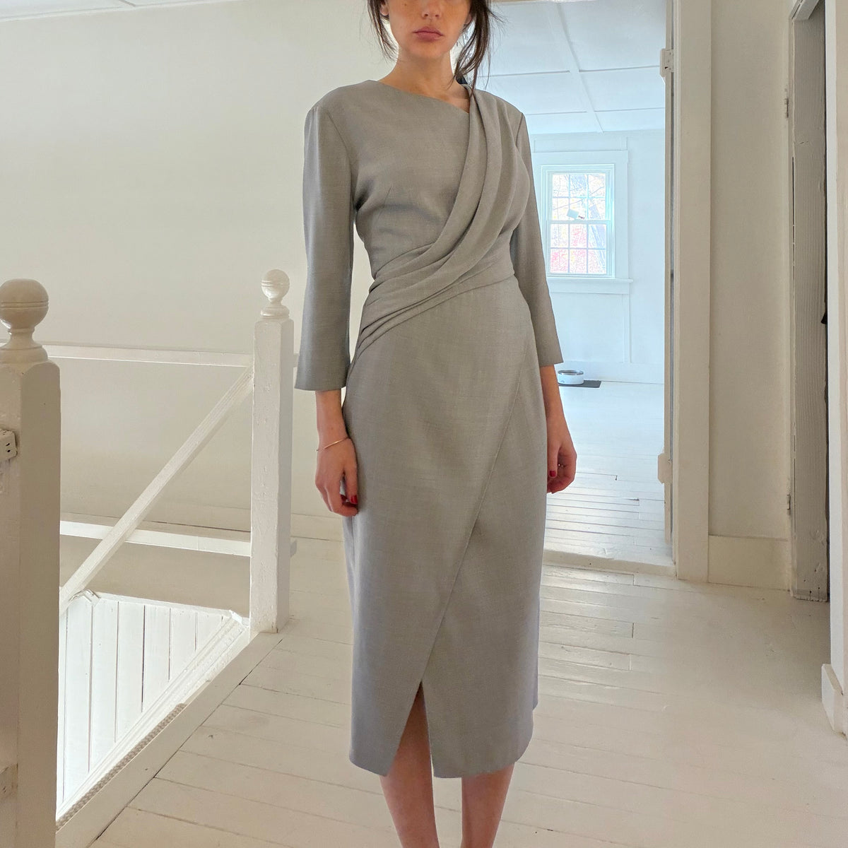 Jason Wu Draped Wool Canvas Midi Pencil Dress Grey Size 6