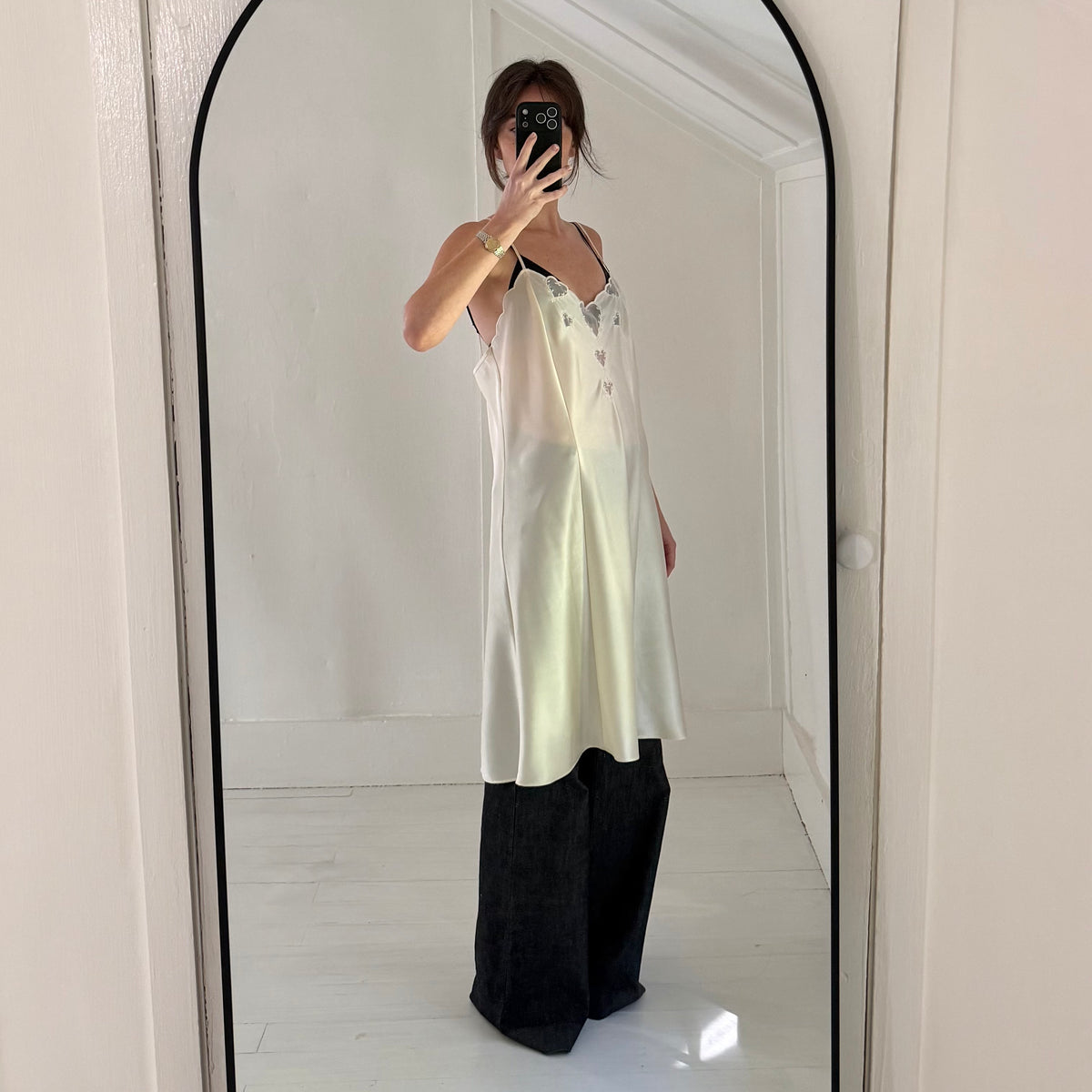 Valerie Stevens Vintage 90s Satin Heart Inset Midi Slip Dress Ivory Size L