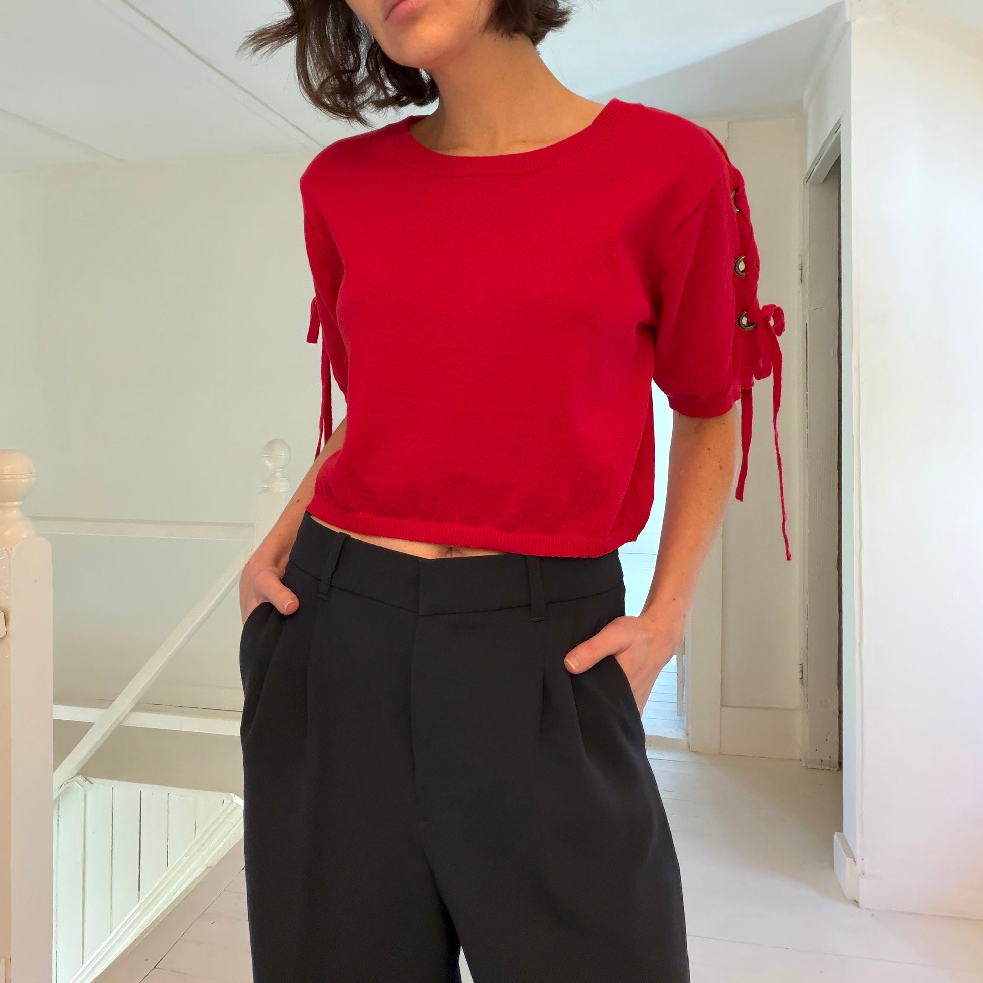 MinkPink Julian Knit Lace-Up Grommet Sleeve Crop Top Size M