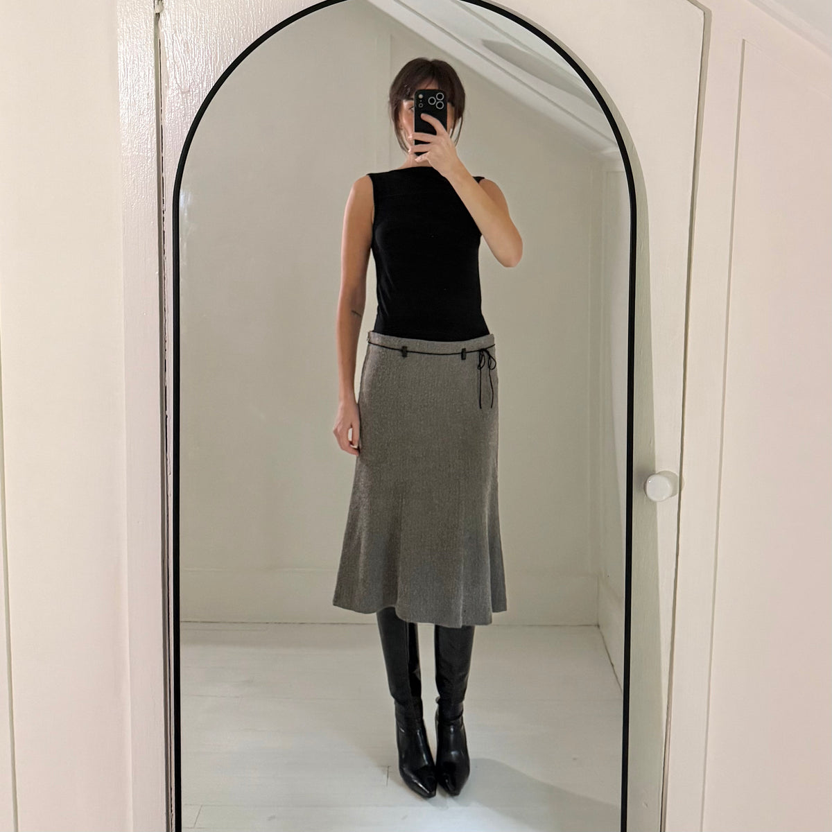 Powder Blu Vintage Y2K Herringbone Belted Midi Skirt Size 5 Grey