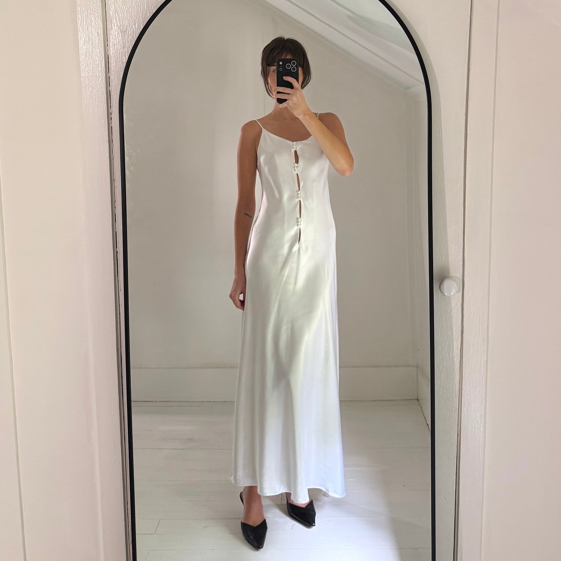 Miss Dior Lingerie Vintage 60s Satin Pearl Button Midi Slip Dress Size P