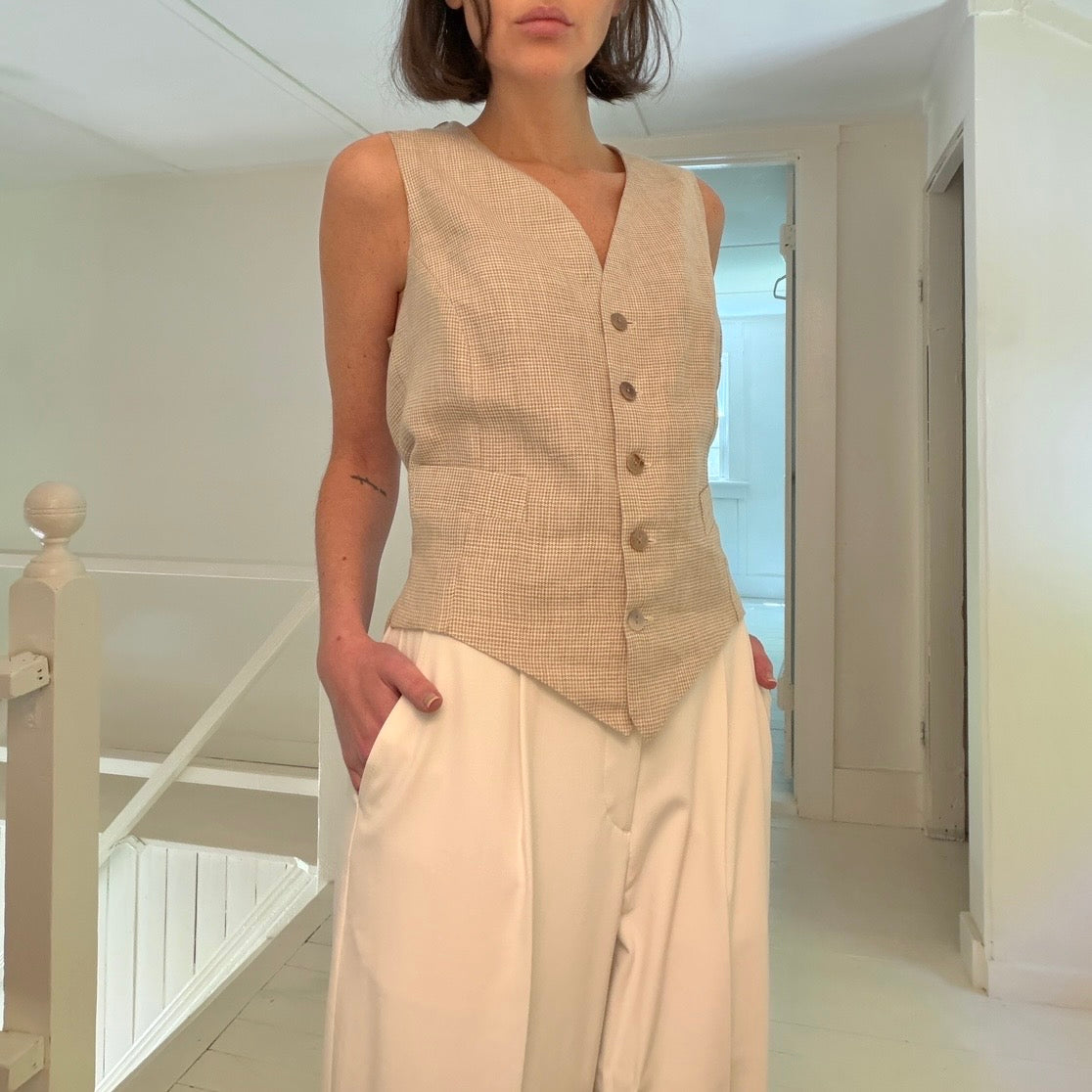 Rue Blanche Vintage 90s Linen Houndstooth Suit Vest Size 1