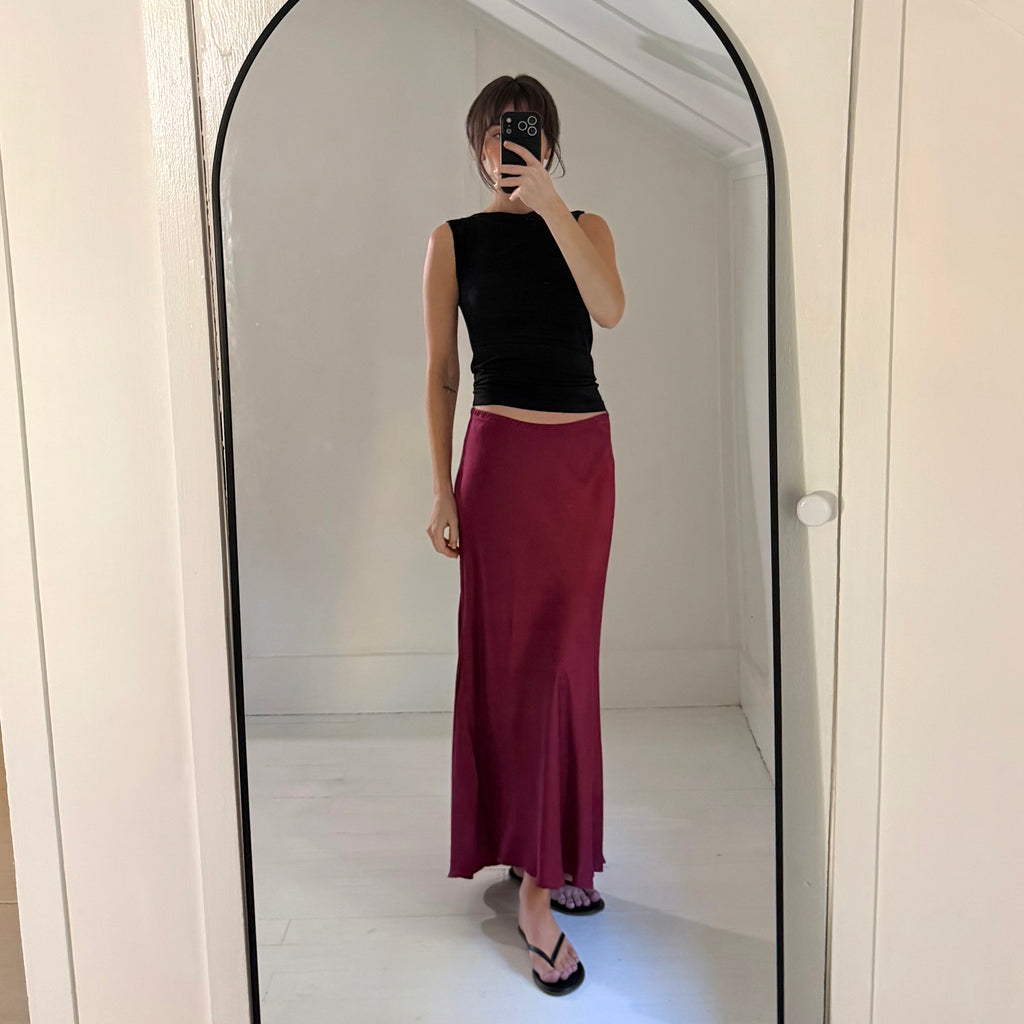 Michael Stars Drea Satin Bias Cut Midi Skirt in Pinot Size M