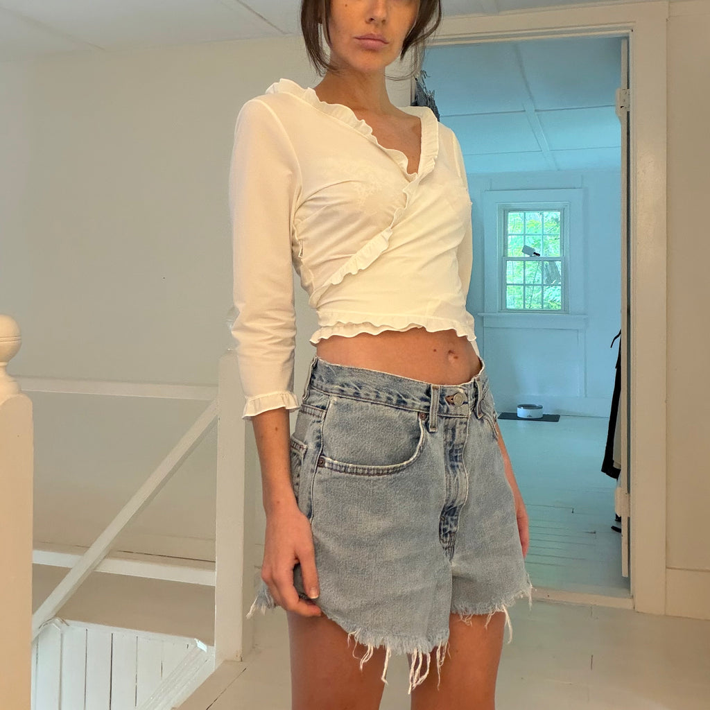 Anti-Flirt Collection Vintage 90s 3/4 Sleeve Ruffle Trim Wrap Top Size 3