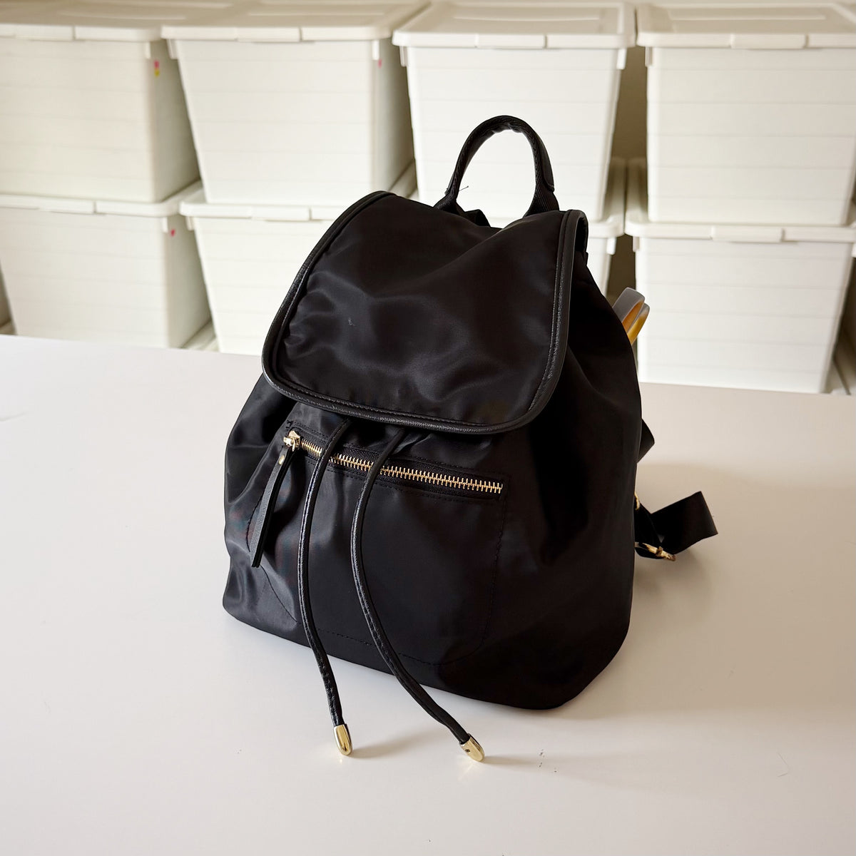 Nylon Faux Leather Trim Drawcord Mini Bucket Backpack Black