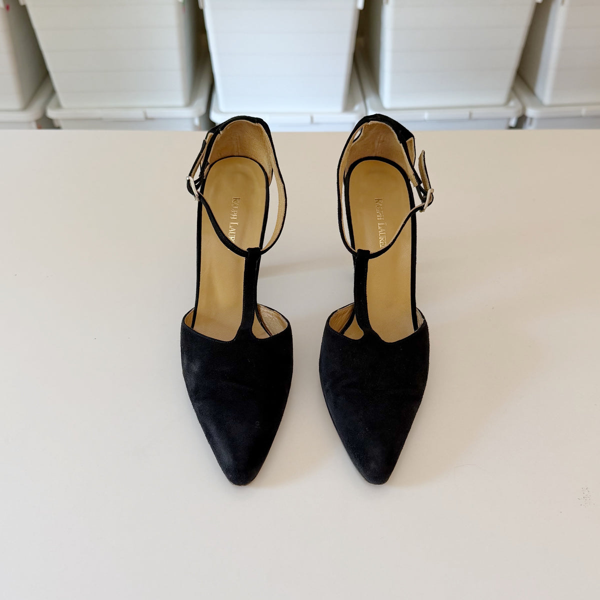 Ralph Lauren Suede Pointed Toe T-Strap Heels Black Size 7