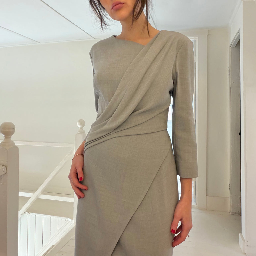 Jason Wu Draped Wool Canvas Midi Pencil Dress Grey Size 6