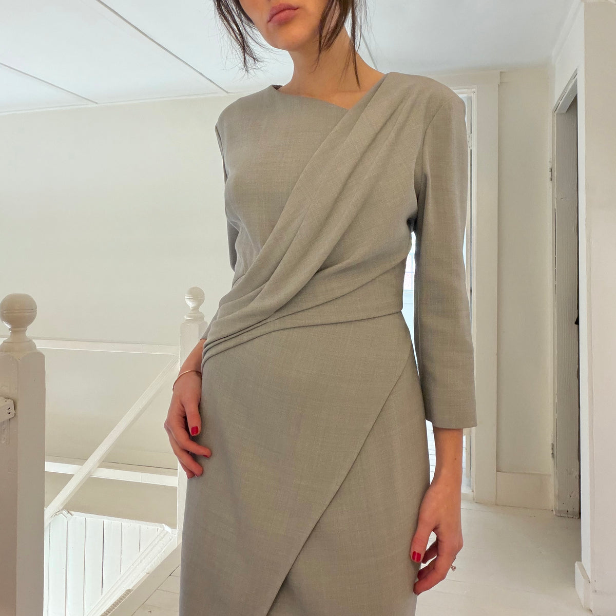 Jason Wu Draped Wool Canvas Midi Pencil Dress Grey Size 6