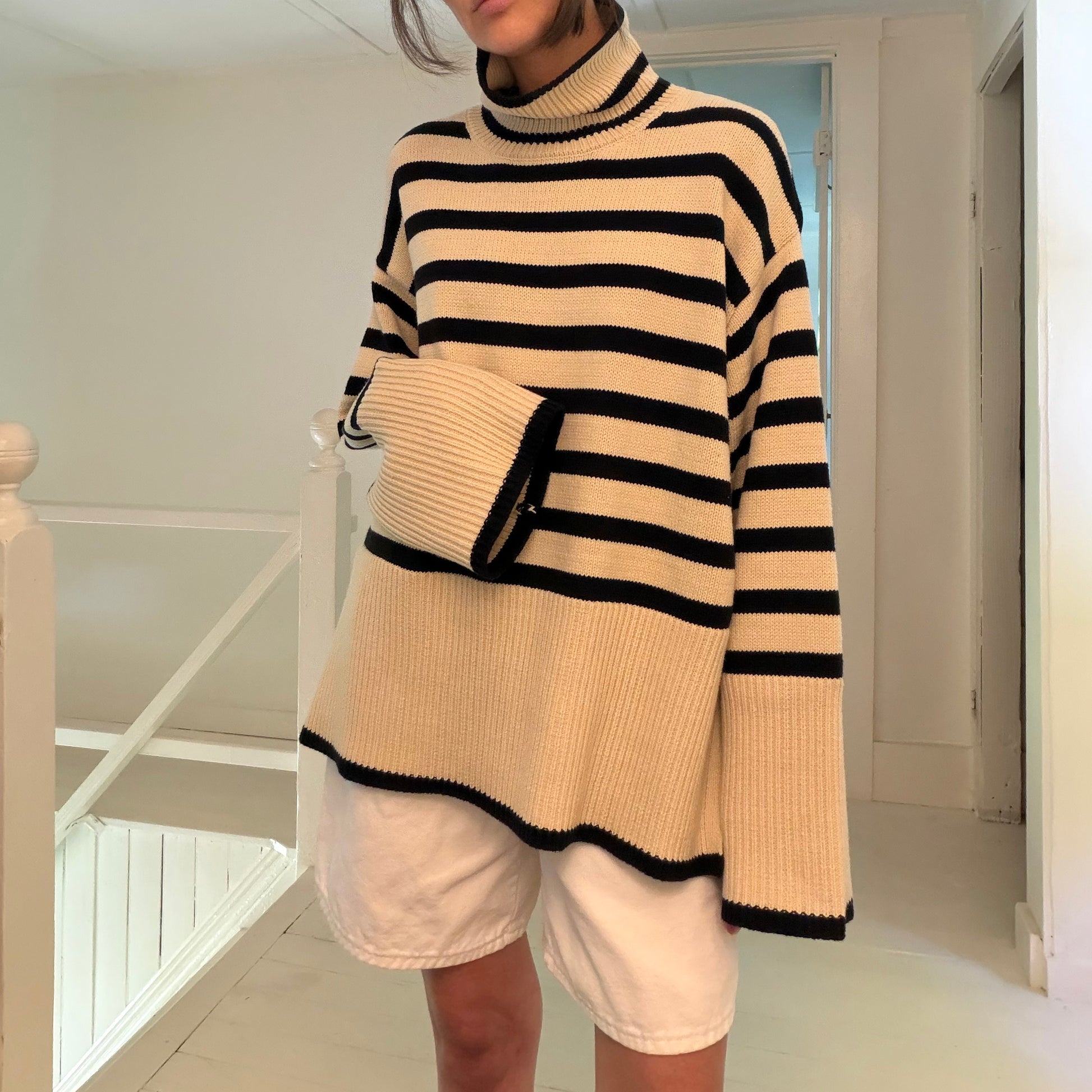 Toteme Signature Stripe Wool Turtleneck Sweater in Light Sand Size M