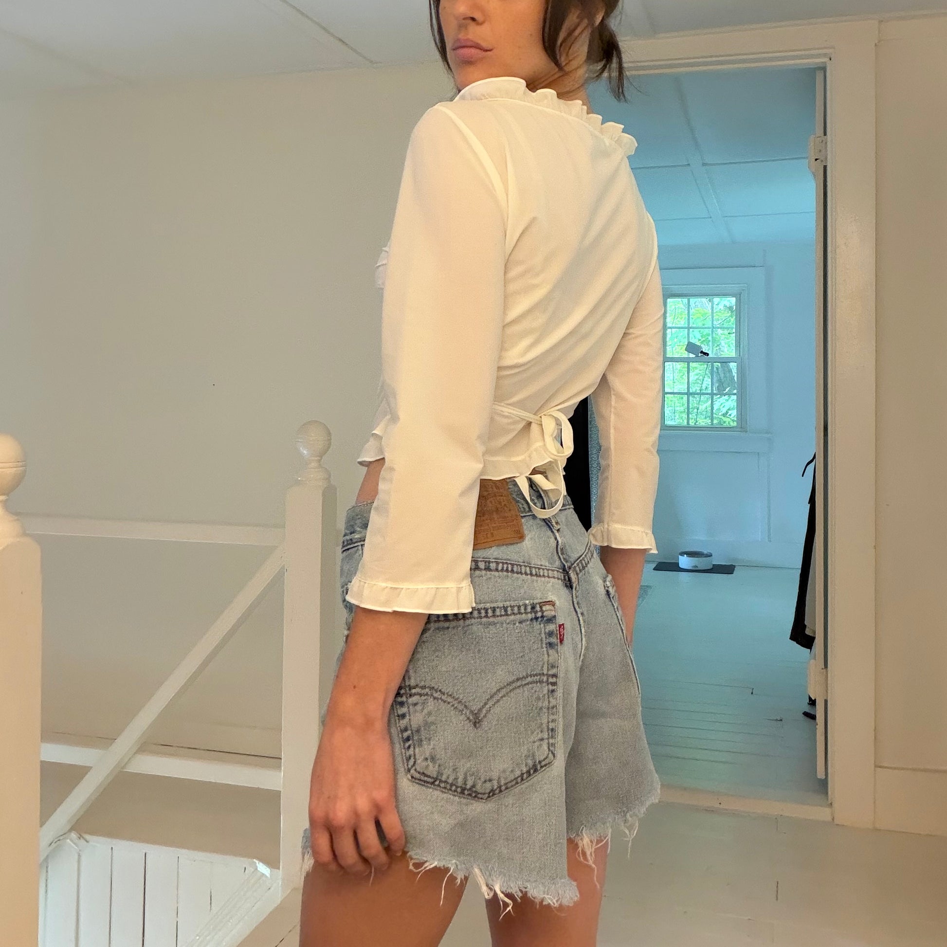 Anti-Flirt Collection Vintage 90s 3/4 Sleeve Ruffle Trim Wrap Top Size 3
