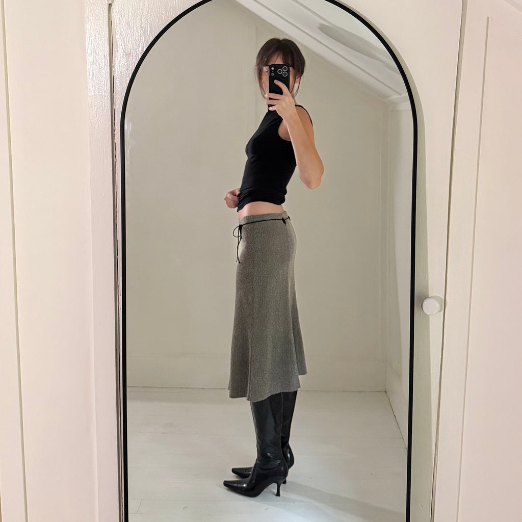 Powder Blu Vintage Y2K Herringbone Belted Midi Skirt Size 5 Grey