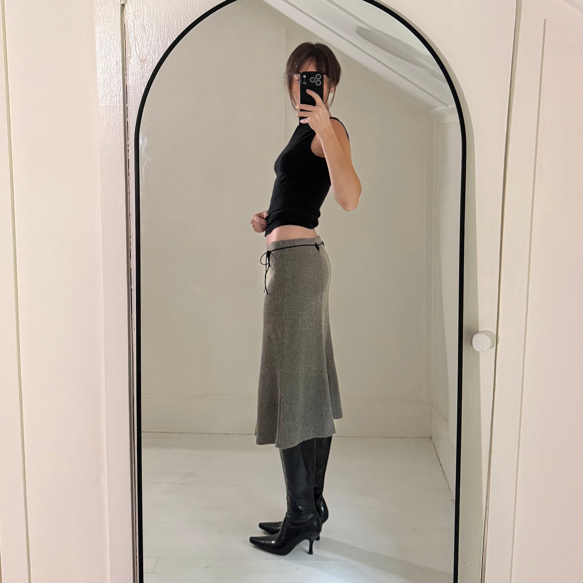 Powder Blu Vintage Y2K Herringbone Belted Midi Skirt Size 5 Grey