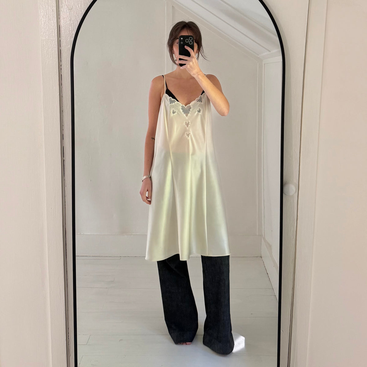 Valerie Stevens Vintage 90s Satin Heart Inset Midi Slip Dress Ivory Size L
