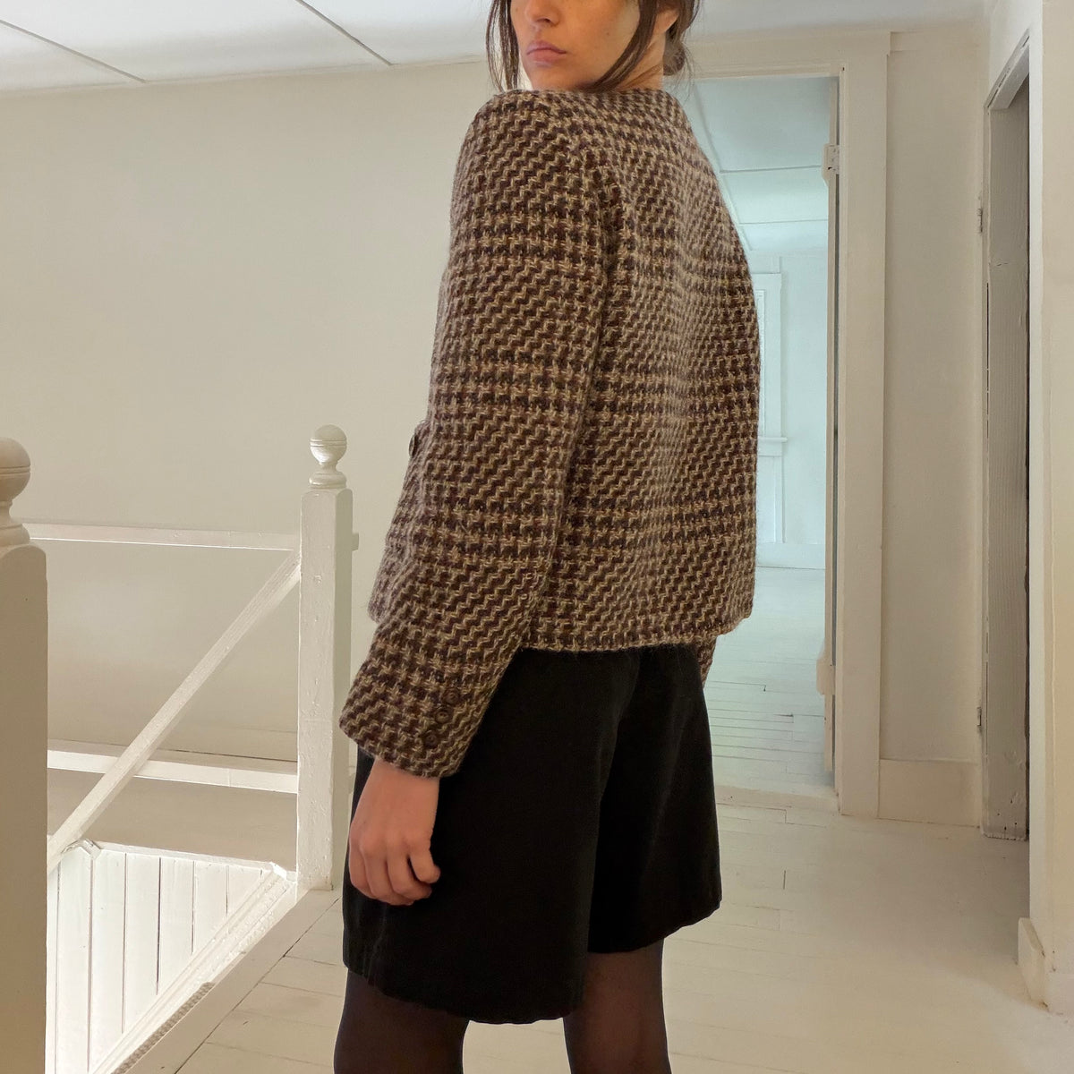 Herbert Grossman Vintage 90s Wool Houndstooth Collarless Blazer Jacket Size 8