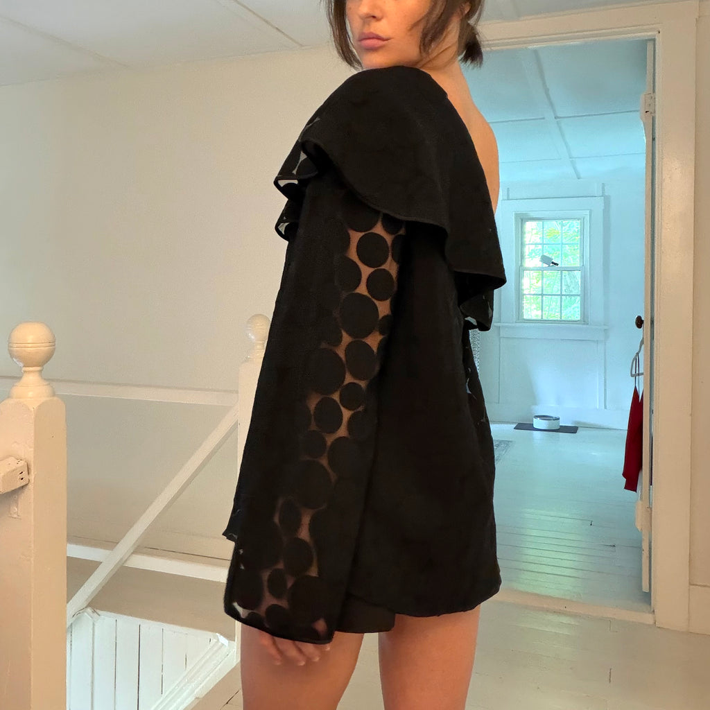 Diane Von Furstenberg Polka Dot One Shoulder Ruffle Top Black Size P