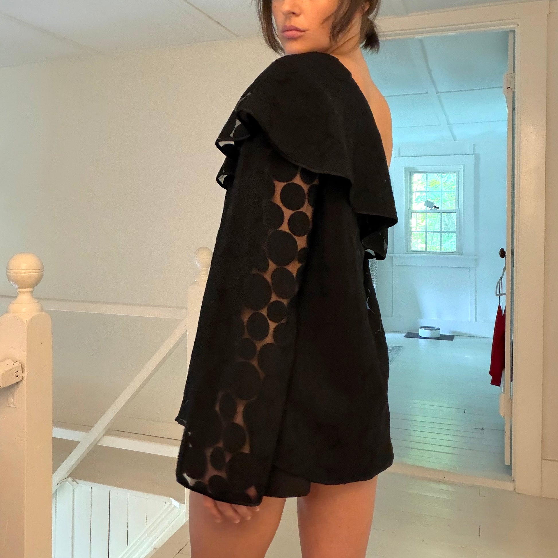 Diane Von Furstenberg Polka Dot One Shoulder Ruffle Top Black Size P