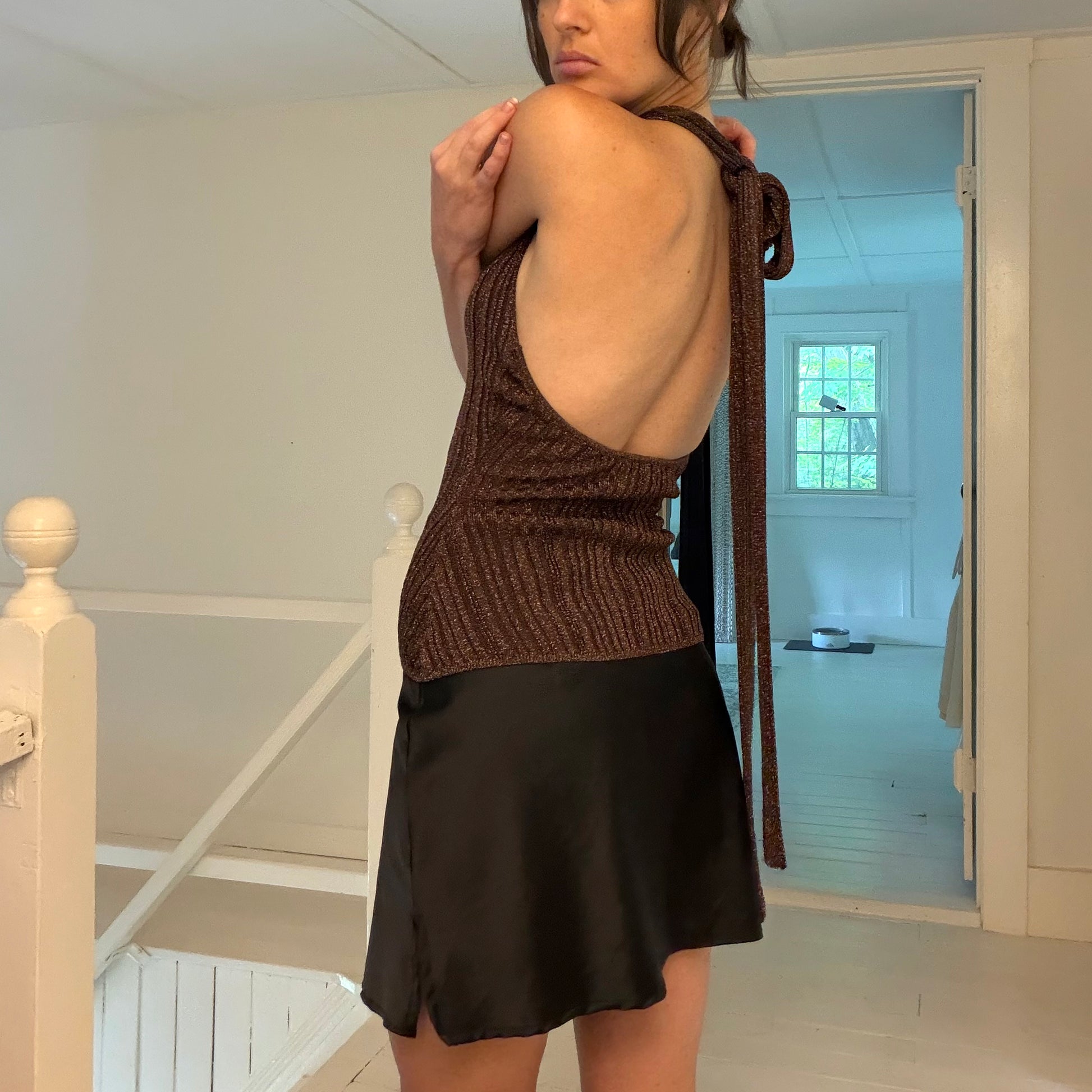 Misha Collection Echo Metallic Knit Halter Top Espresso NWOT Size S