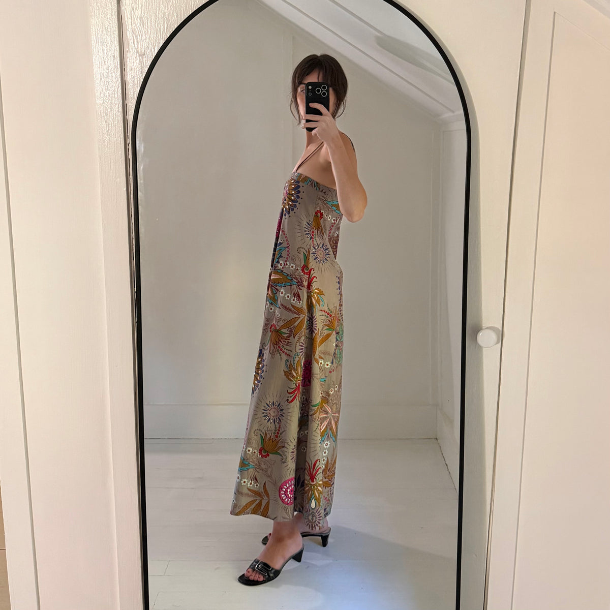 Antik Batik Vintage Y2K Rhinestone Embellished Floral Midi Dress Grey Size M