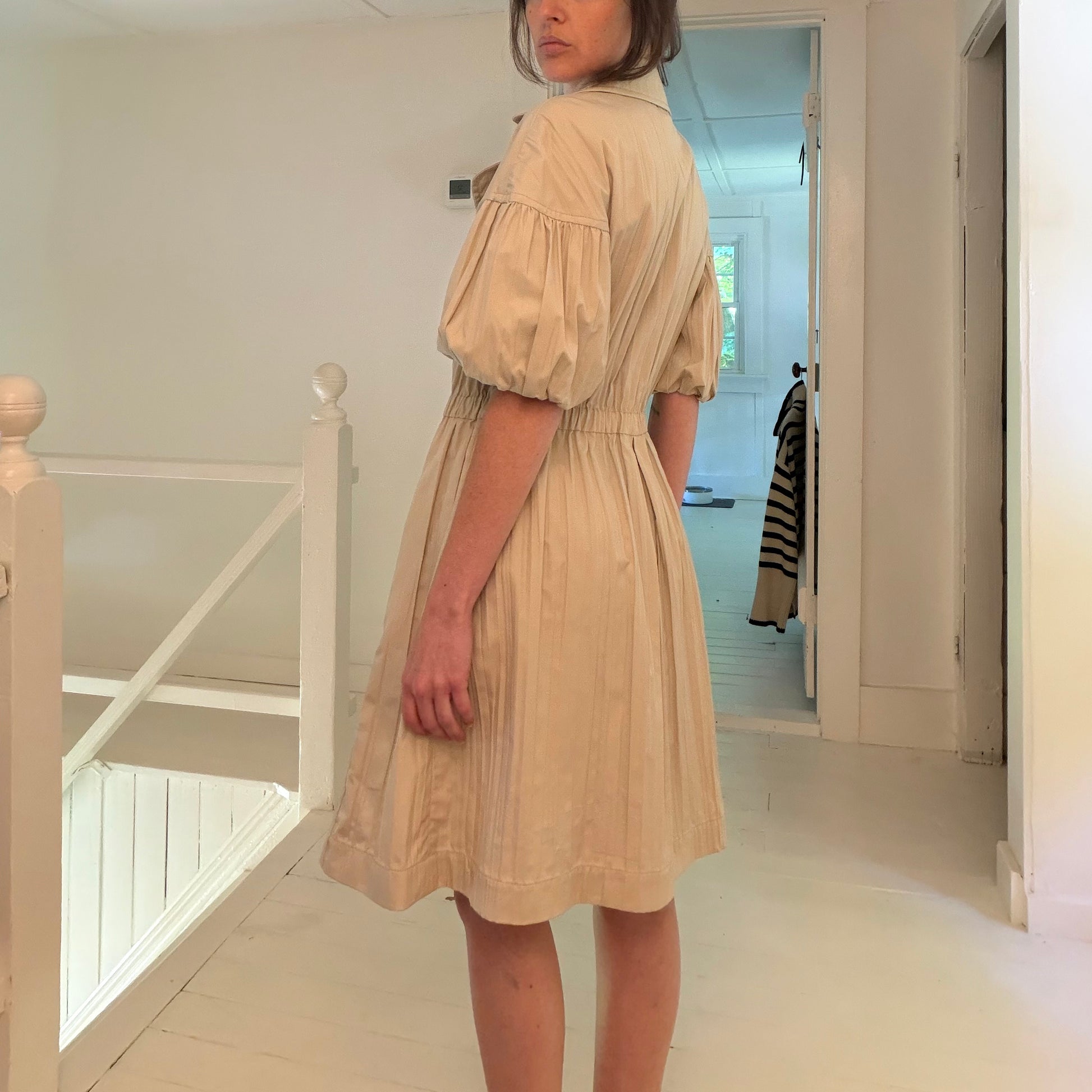 Worth Pleated Puff Sleeve Button Front A-Line Shirt Dress Size P
