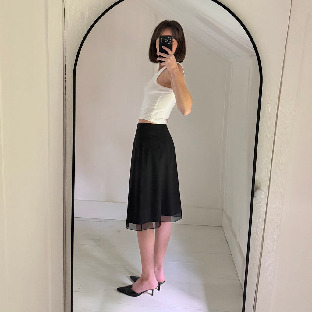 Saks Fifth Avenue Vintage Y2K Wool Sheer Mesh Trim Midi Skirt Size 6