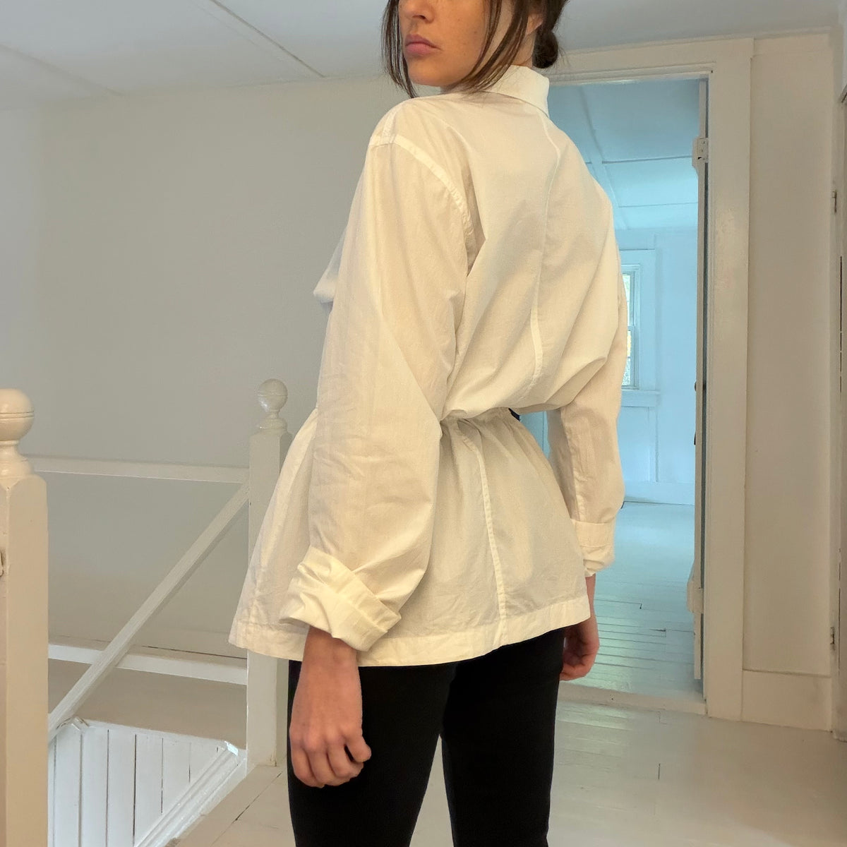 Emanuel Ungaro Poplin Drawstring Waist Button Down Shirt White Size S