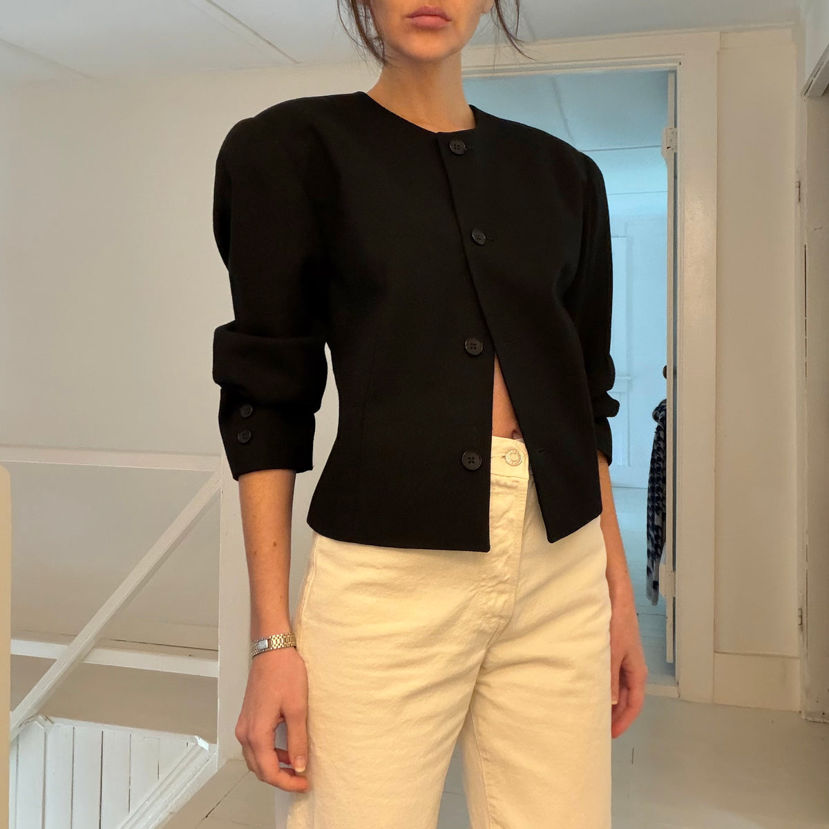 E.R. Gerard For Renlyn Vintage 90s Wool Collarless Blazer Jacket Black Size 6