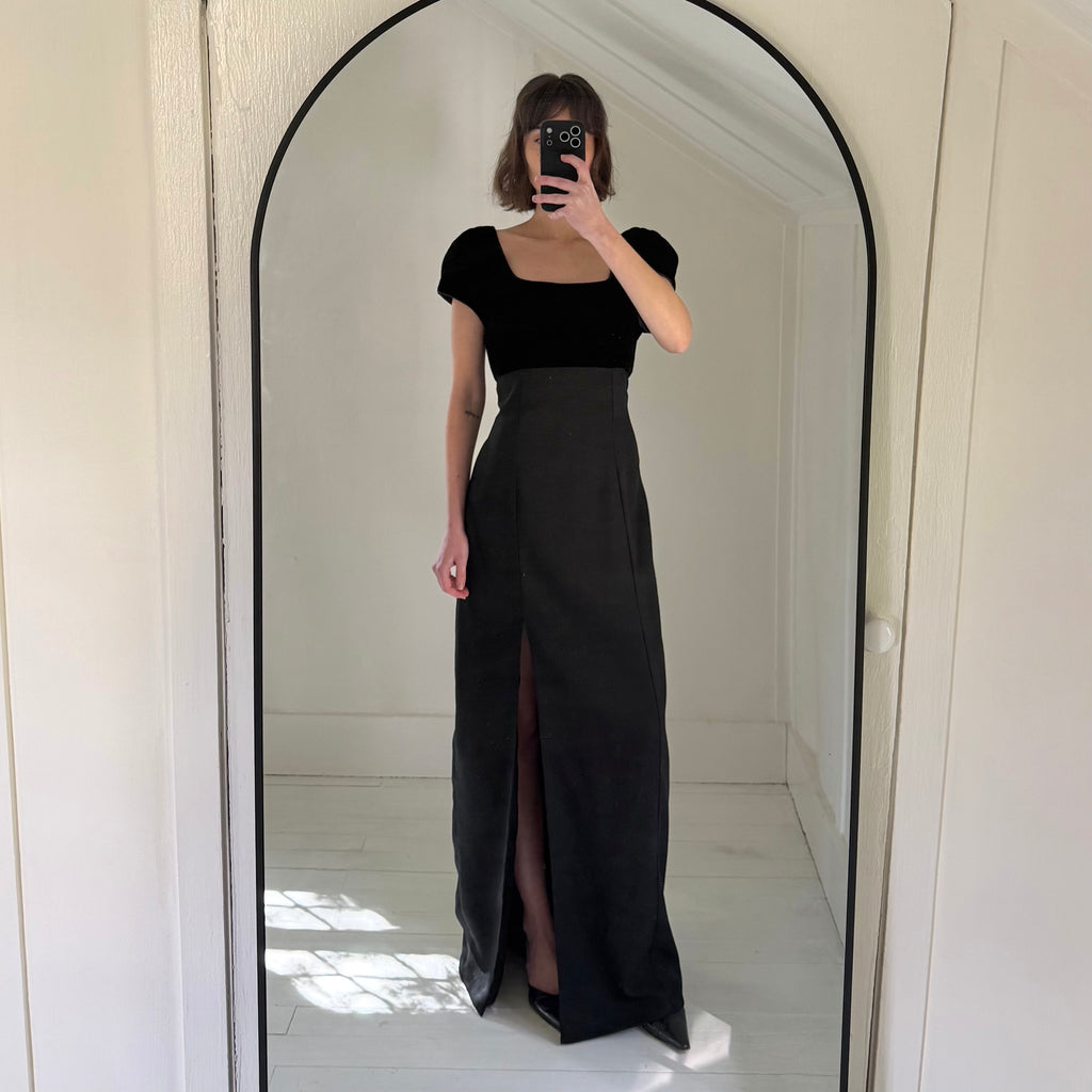 Vintage 90s Velvet Combo Rosette Empire Waist Maxi Dress Size 9-10
