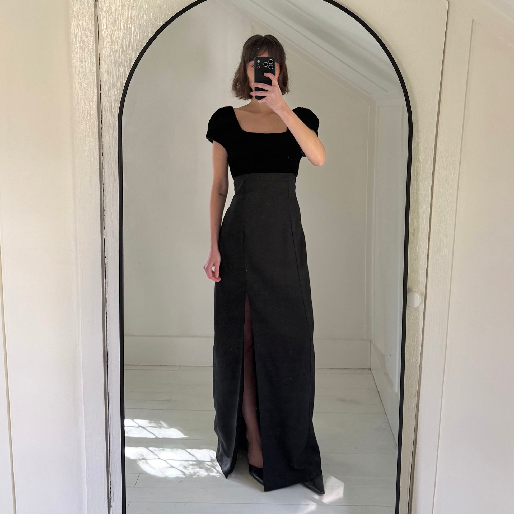 Vintage 90s Velvet Combo Rosette Empire Waist Maxi Dress Size 9-10