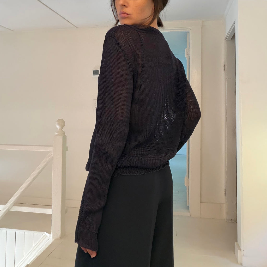 Golden Goose Silk Linen Sheer Open Knit Bias Cut Crewneck Sweater Navy