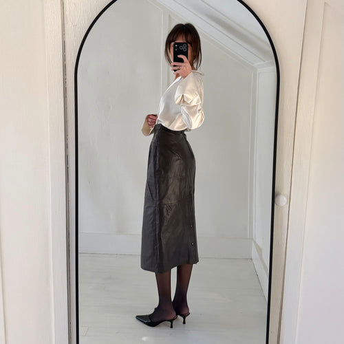 Lela Leather Vintage 80s Midi Pencil Skirt Size 11/12 Brown