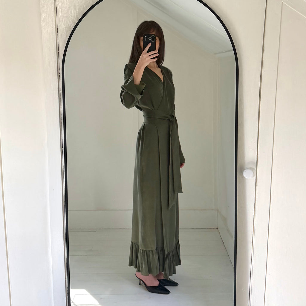 Omid by Hadar The Leah Satin Maxi Wrap Dress in Olive Green Size XS